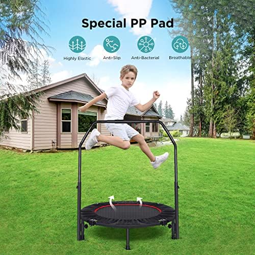 Mini Trampoline Fitness 40 inch, Rebounder Trampoline with Handle of 5 Step Height Adjustable, Exercise Trampoline for Kids & Adults, Rebounder Trampoline Indoor/Outdoor