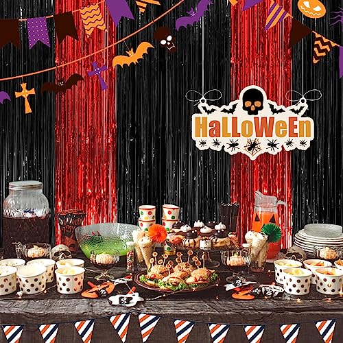 Image of Black Red Fringe Curtain Party Streamers 2Pack 3.3 x 8.3 Ft Foil Fringe Backdrop Curtains for Birthday Wedding Bridal Baby Shower Holiday Tinsel Streamers Black Party Decorations Door Streamers