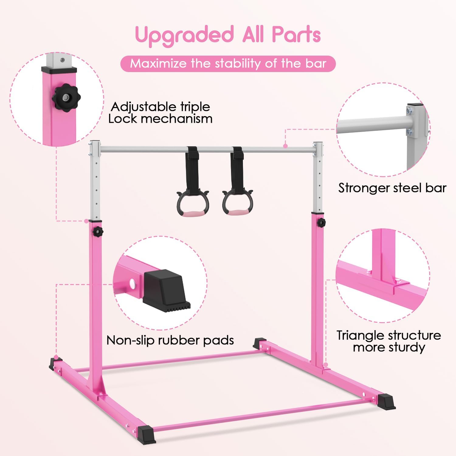 Safly Fun Barra de gimnasia para niños de 3 a 15 años, gimnasio en casa de acero resistente, altura ajustable (3 a 5 pies) con base antideslizante, fácil montaje