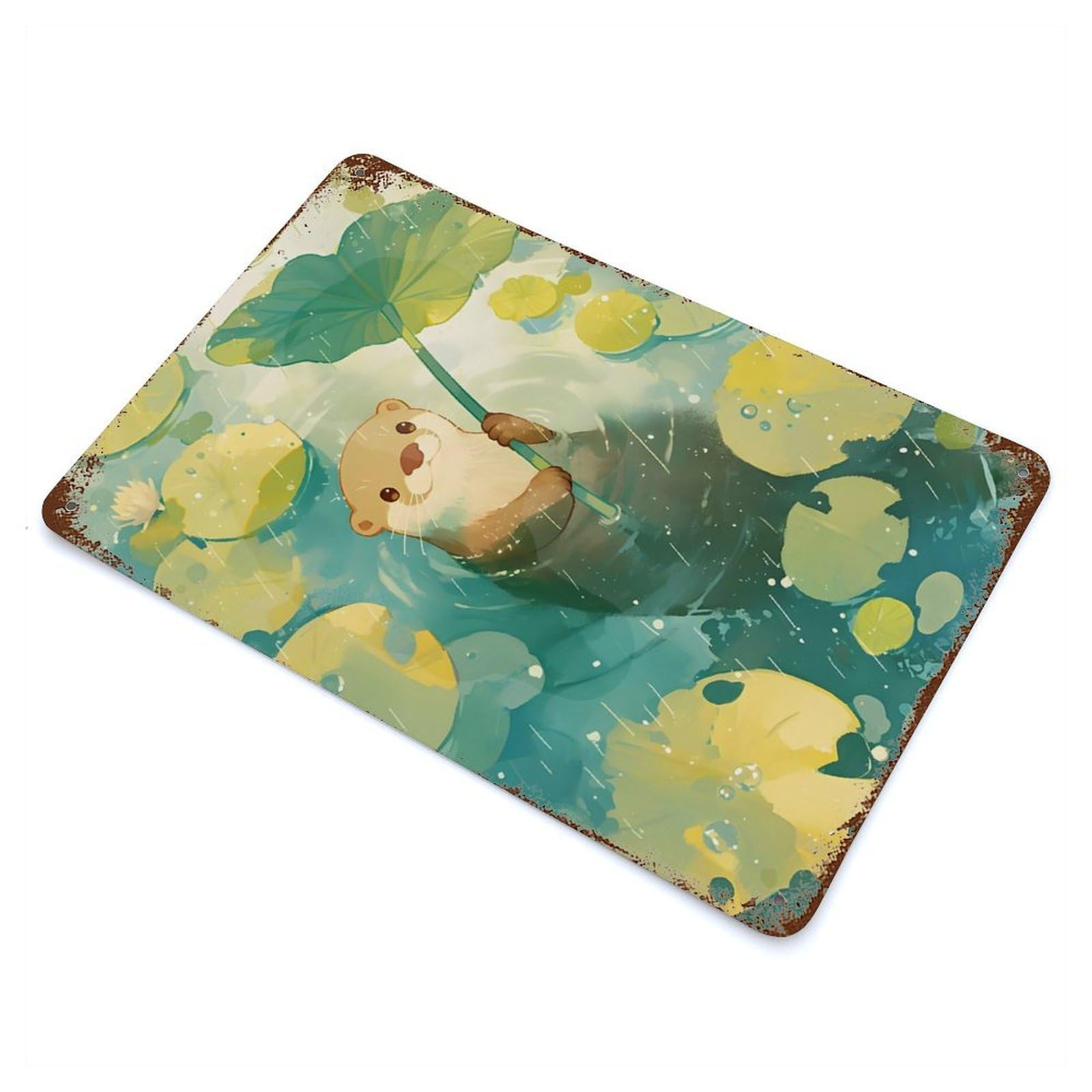 Otter in The Rain with Lilypad 11.8"x7.9" Rusty Metal Tin Sign, Shabby Chic Decor for Bistro, Counter And Cafe Decor