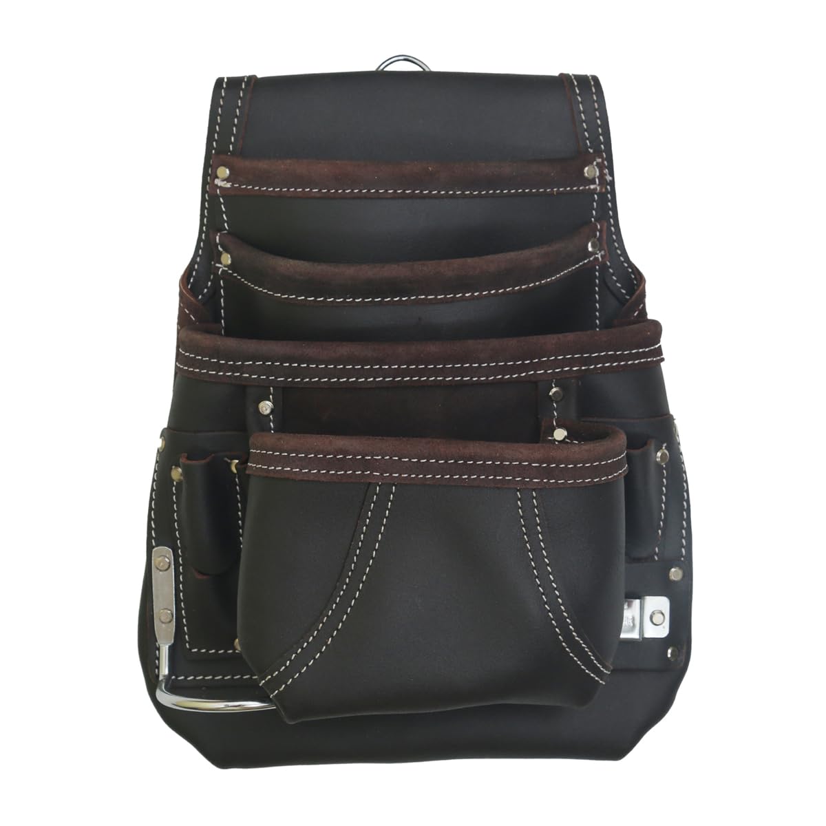 WIDEBROWN 10 Pocket Oil Tanned Split Leather Nail & Tool Pouch Dark Brown Color for Construction Framer/Electrician/Plumber