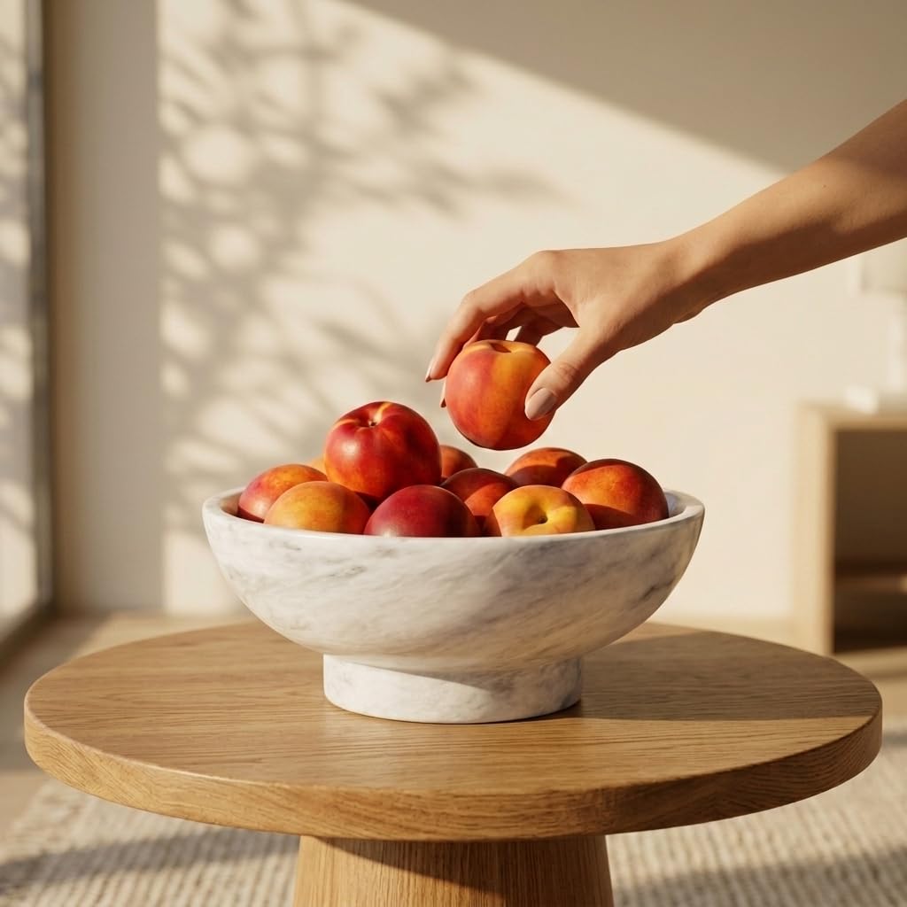 MARBLE RANGE Frutero blanco de piedra hecha a mano de 10 pulgadas para encimera de cocina, mesa de comedor y decoración del hogar | Bandeja decorativa para servir frutas, aperitivos y organizador de