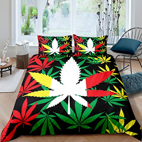 Cannabis Leaves Bedding Set King Size, Marijuana Weed Duvet Cover, Trippy Leaf Boho Comforter Cover, Adult Fashion Home Farmhouse Bedroom 3 Piece Bedding Set with 2 Pillow Cases, Watercolor