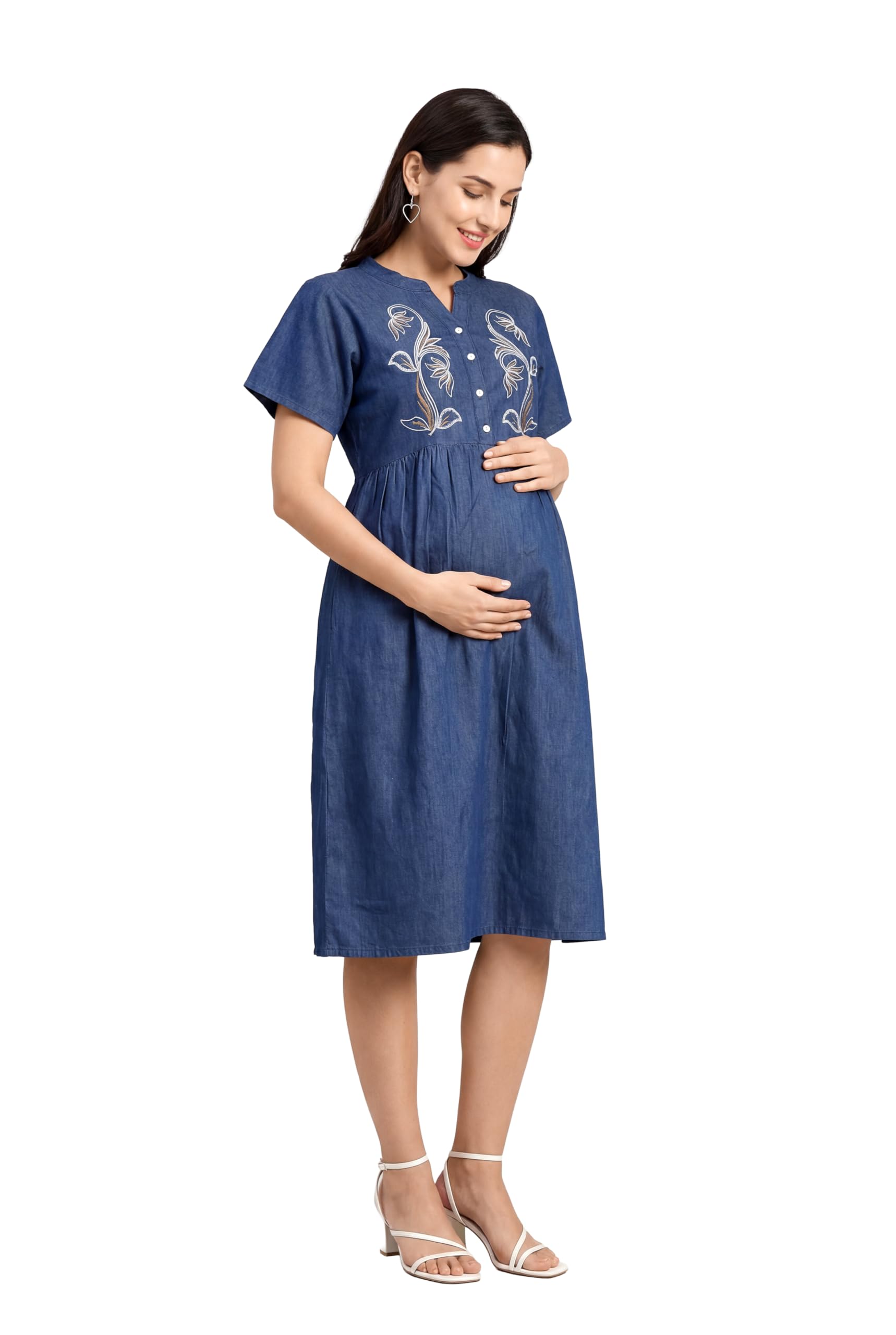 Women Blue Cotton Denim Maternity Dress | Embroidered A Line Midi Length | Mandarin Neck Half Sleeve | Casual Wear for Moms to Be-image-19