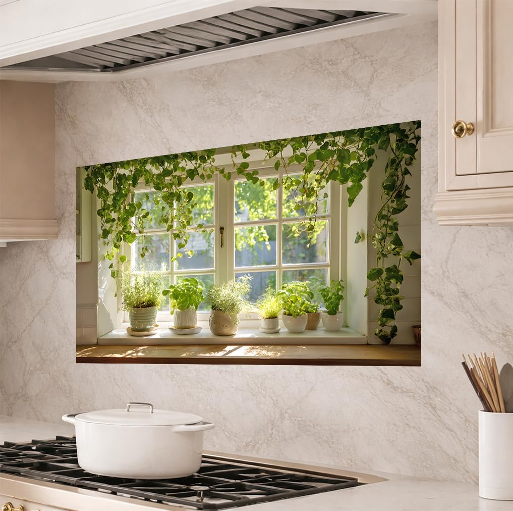 Kitchen Wallpaper 17.3x27.9 Inch Spring Summer Green Plant Window Scene PVC Peel and Stick Oil-Proof Wall Decal for Stove Counter Cabinet Backsplash Home Kitchen Decoration