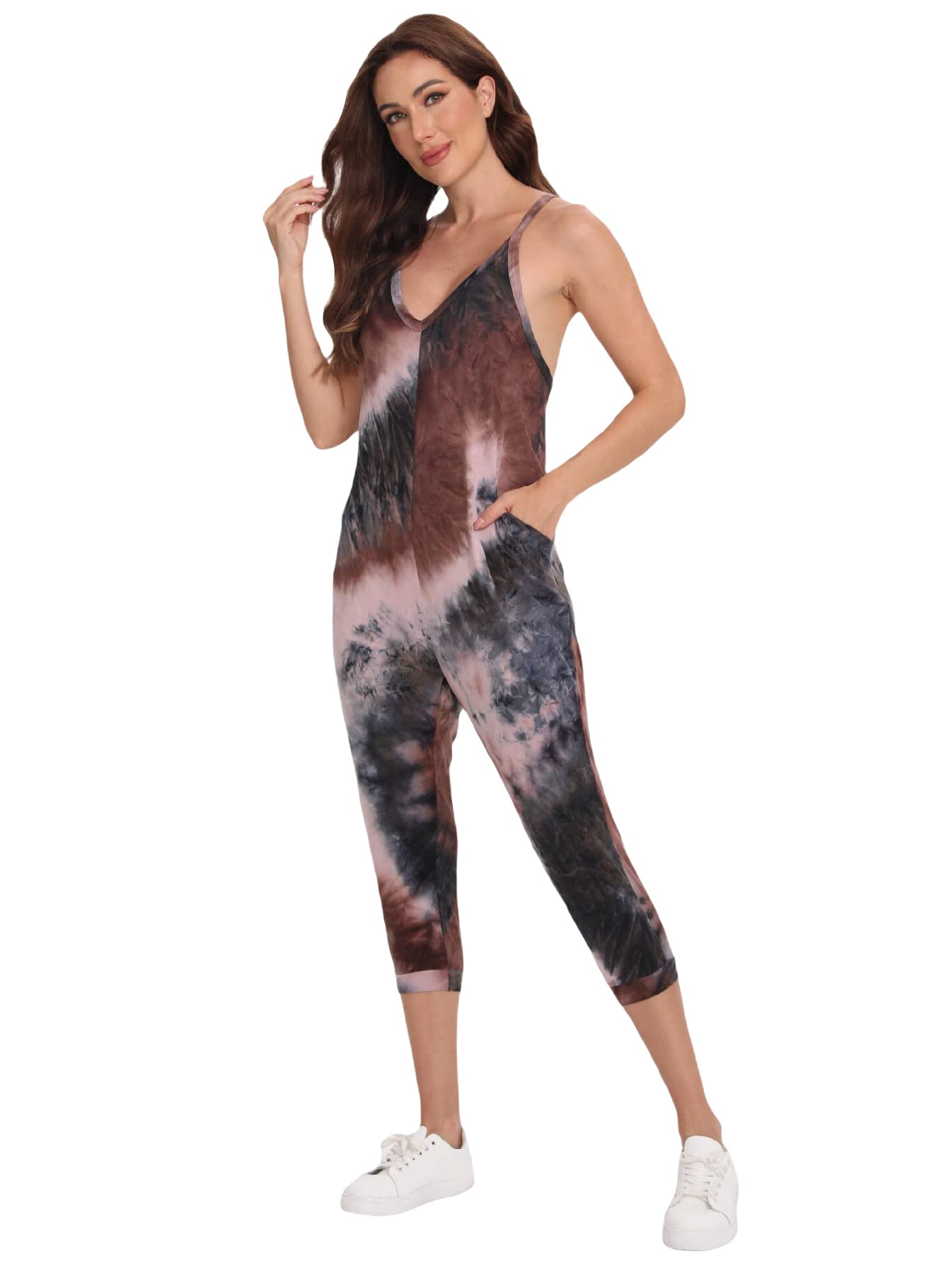 DIDKWomen's V Neck Spaghetti Strap Harem Leg Cami Jumpsuit