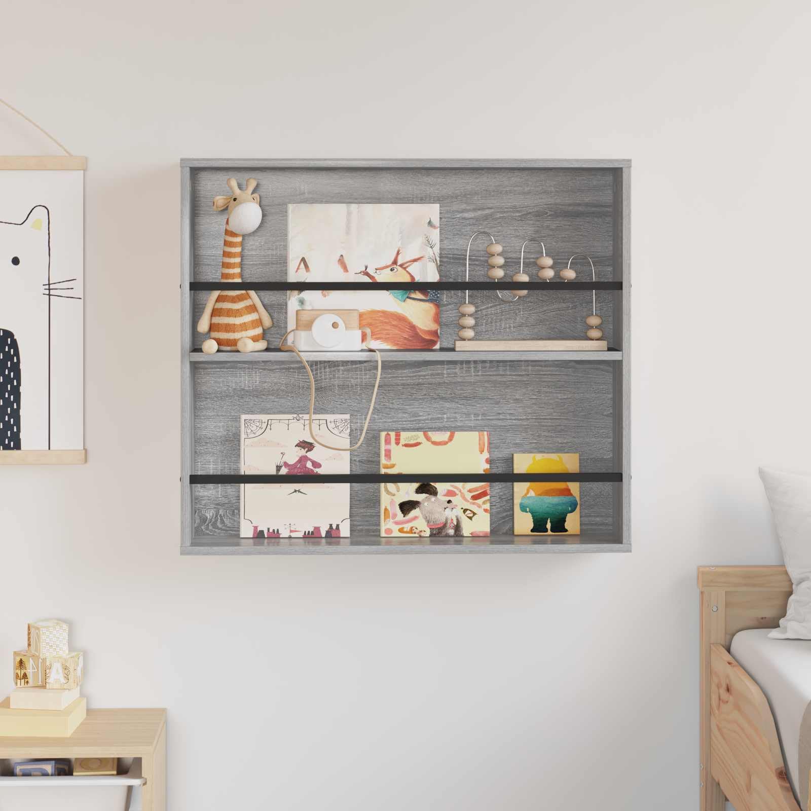 Scaffale portariviste da parete grigio sonoma, 80 x 12 x 70 cm, mensola da parete salvaspazio per opuscoli e libri, in legno