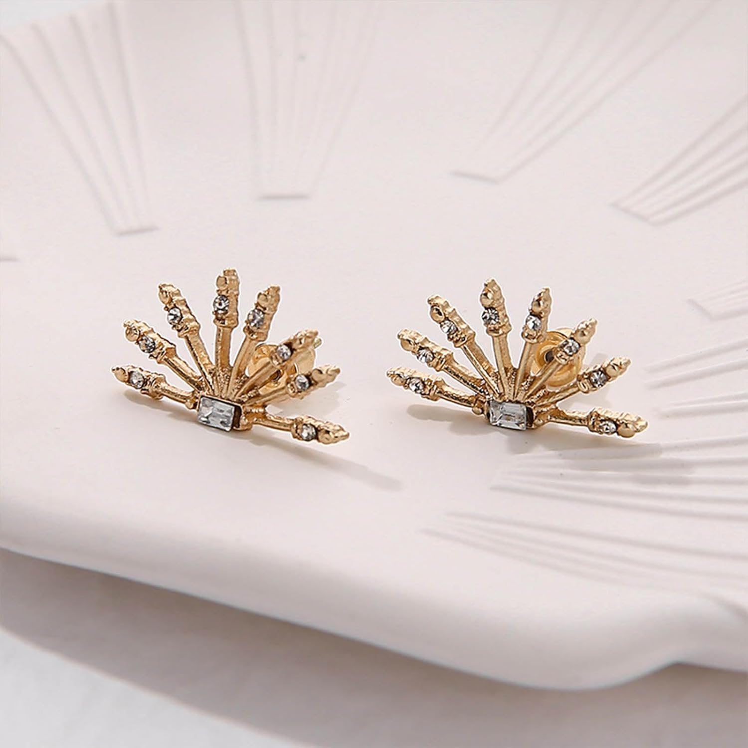 Bohemia Crystal Sunburst Stud Earrings Gold Firework Earrings Fan Shape Rhinestone Earrings cz Half Sun stud Earrings Jewelry for Women - Image 6