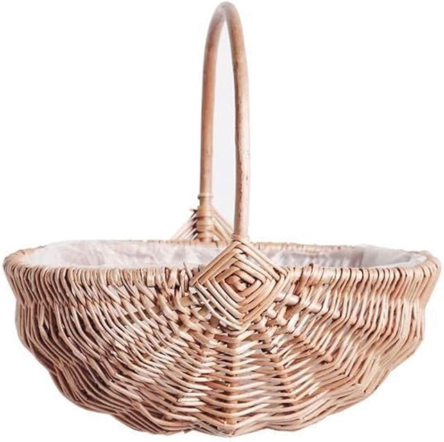 Handwoven Flower Basket with Handle, Willow Storage Basket Empty Wicker Picnic Basket with Plastic Insert, Easter Basket Wedding Flower Girl Baskets for Home Party Decor