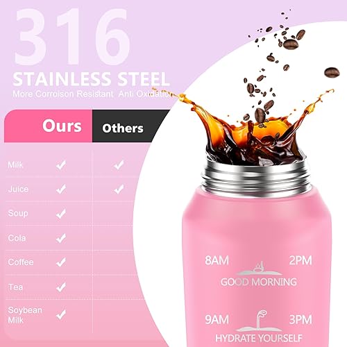 Miniatura 17 de Botella de agua aislada de 32 onzas con 2 tapas (tapa de popote y tapa de boquilla), botella de agua de doble pared de 1 litro con marcador de Rojo