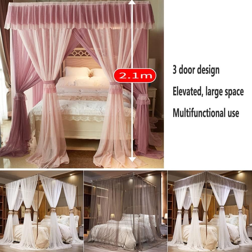 Summer Bed Canopy Mosquito Net, Princess Bed Curtain Canopy Mosquito Net for Girls Boys Adult with Stand (Color : Khaki, Size : 180X220cm/71X87inch)