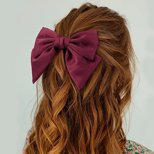 Miniatura 2 de Lazo de satén para el cabello, 2 unidades, lazo para el cabello rojo sedoso, lazo negro, pasadores grandes para el cabello para mujeres, pasadores