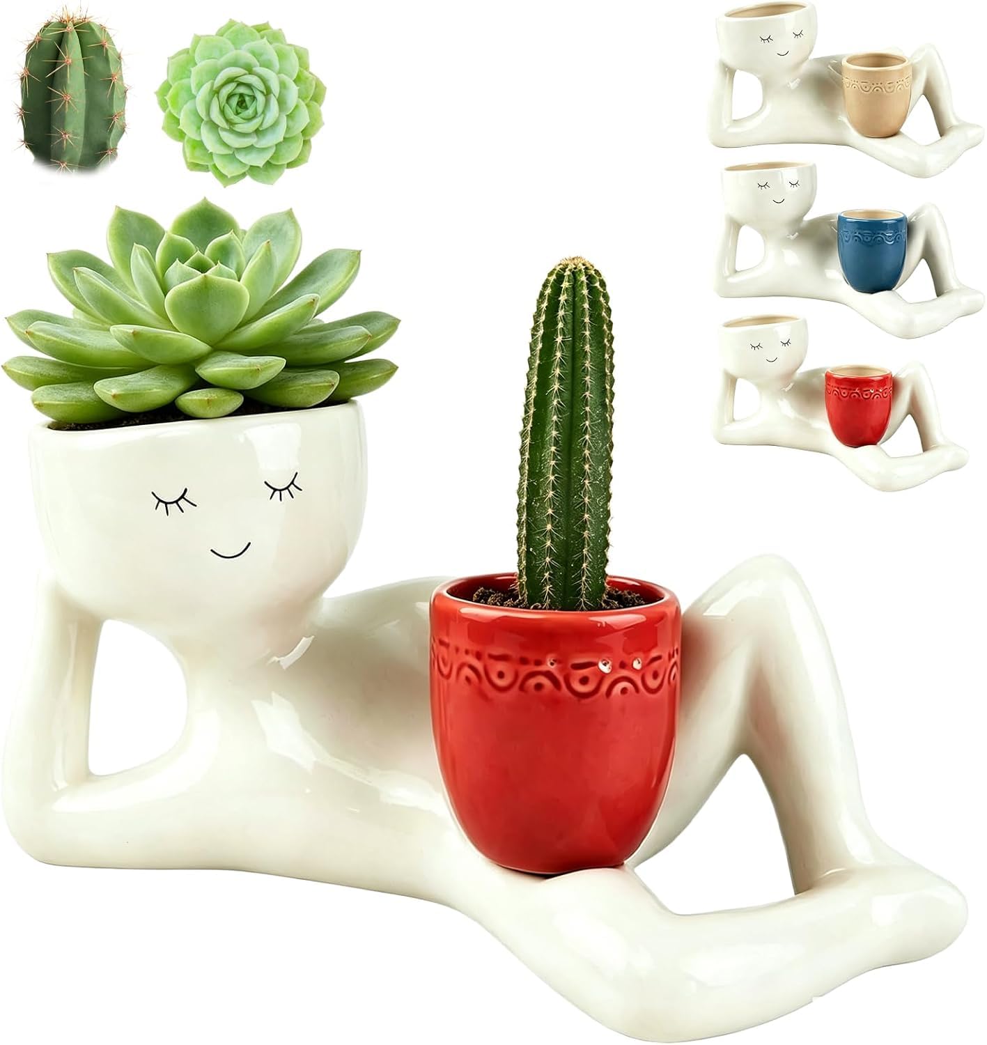 Lazy Guy Planter,Funny Plant Pots,Goofy Plant Pots Face Plant Pot with Drainage Hole,9 Inch Resin Lying Down Figure Succulent Cactus Flowerpot for Indoor Outdoor Office Garden Decor Gift Red