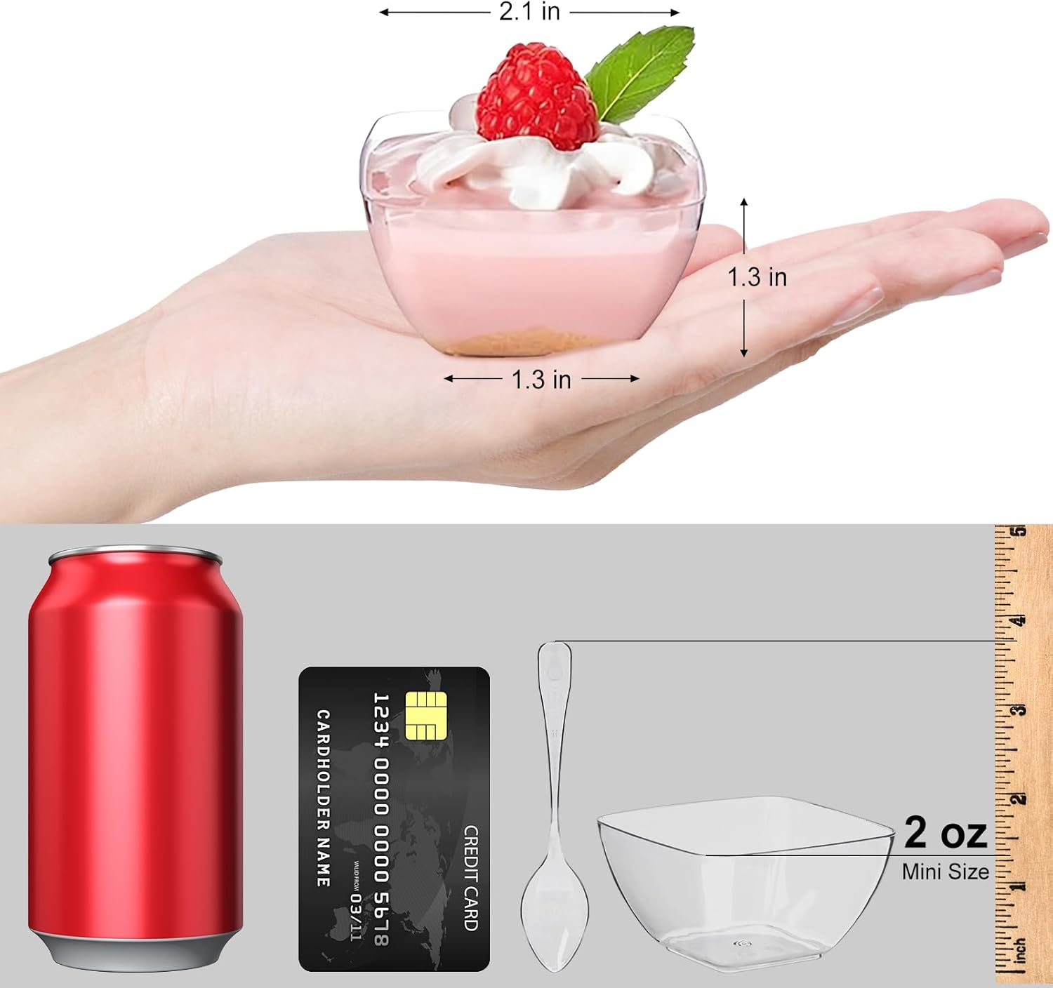 TOFLEN 100ct 2 oz Mini Dessert Cups with Spoons, Clear Plastic Reusable Small Party Serving Cups for Appetizers, Hors D'oeuvres Plates - Image 2