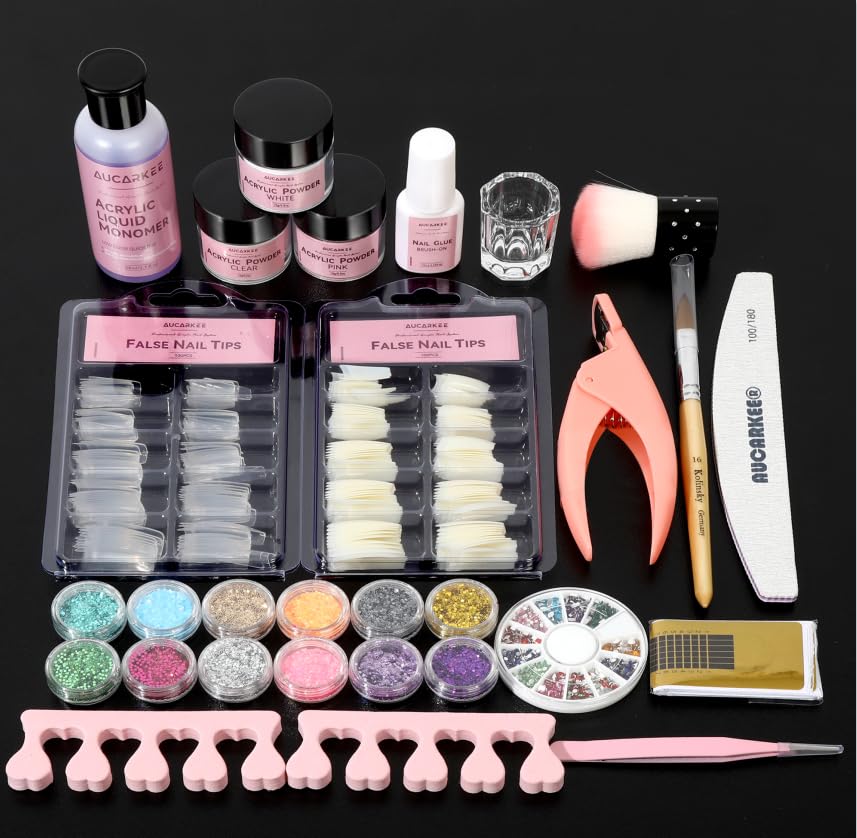 Acrylic Nail Kit For Beginners - 3-Color Powder (Clear/White/Pink) Clear, Pink, White