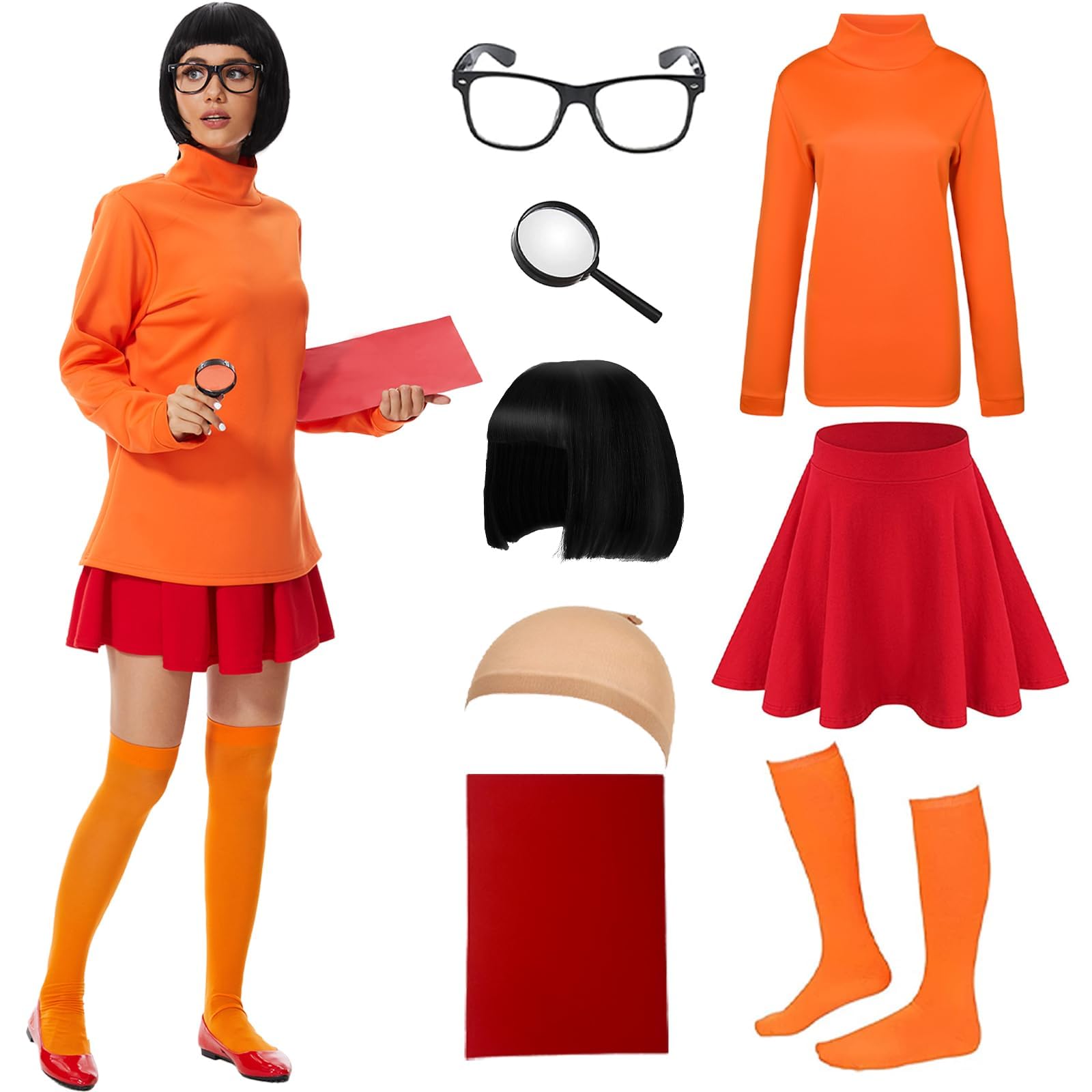 Photo 1 of Halloween Costumes for Women Velma Cosplay Outfit Orange Turtleneck Knit Sweaters with Mini Skater Skirt (Medium)