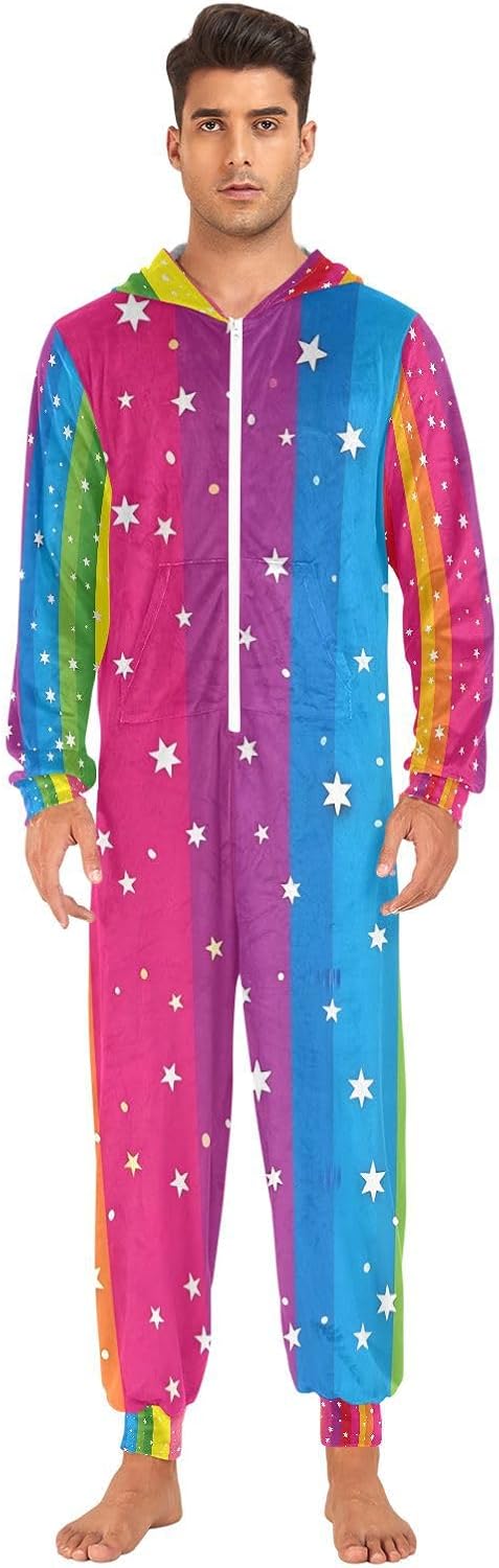 Rainbow Stripes Star Adult Onesie Pajamas for Unisex Novelty One Piece Costume Sleepwear