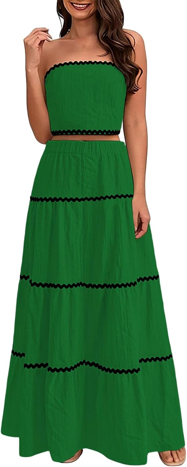 2 Piece Skirt Sets for Women Summer Floral Sleeveless Tube Top Contrast Trim Maxi Skirts Vacation Going Out Outfits