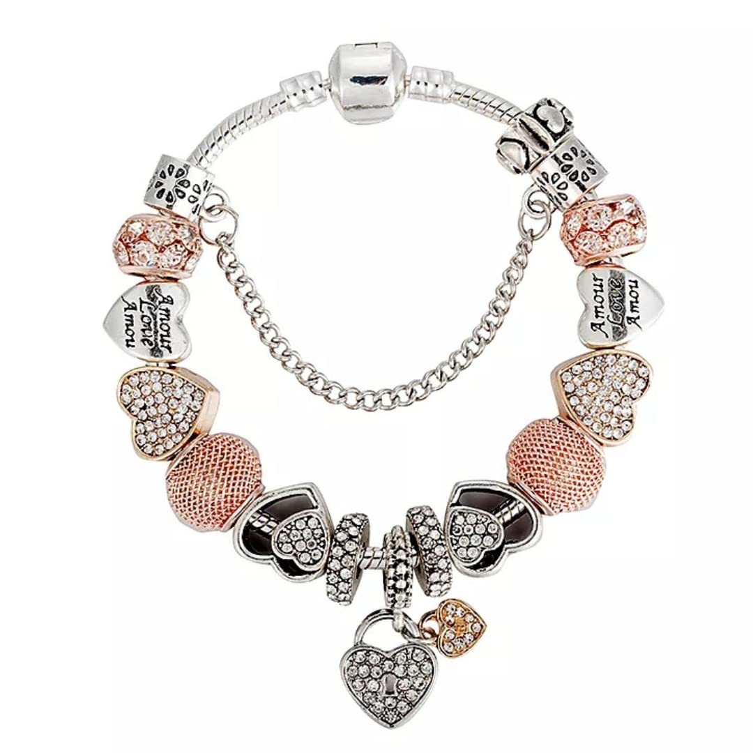 Womens Jewelry Gold Charm Bracelet Pandora Inspired Style w/Rose Silver Color 19CM Heart Charms, Bracelets Y2K, Hand Jewelry, Bracelet for Women-teens and kids