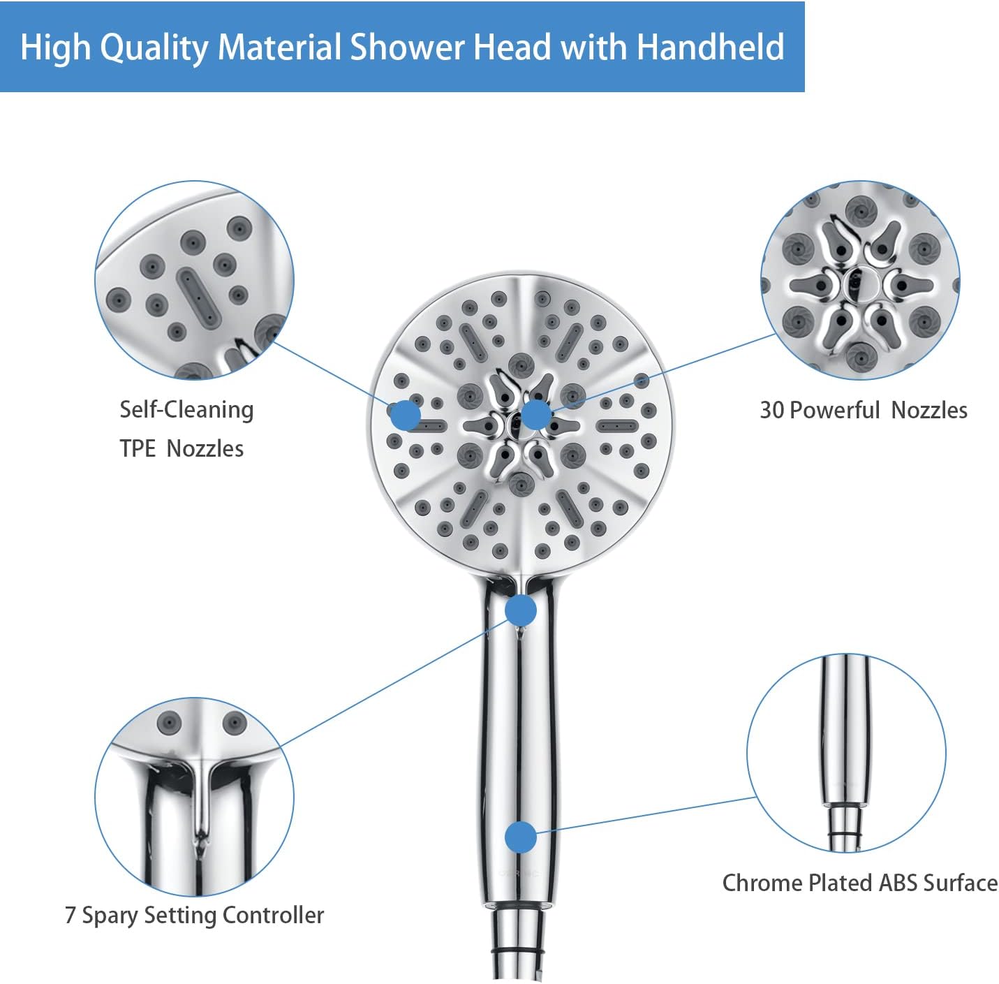 UERRIC High Pressure Shower Head with Handheld, 7 Spray Setting 5" Face Handheld Shower Head with Stainless Steel Hose & Shower Arm, Chrome : Everything Else