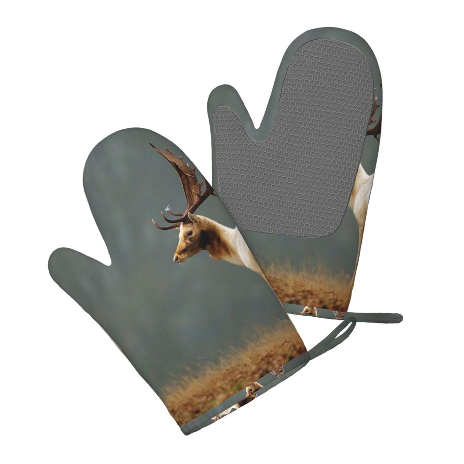 Aqrjlpo Women's Deer With Antlers Silicone Oven Mitts Set 2Pcs, Printed Heat Resistant Non-Slip Silicone Oven Gloves For Kitchen Cooking Baking Microwave