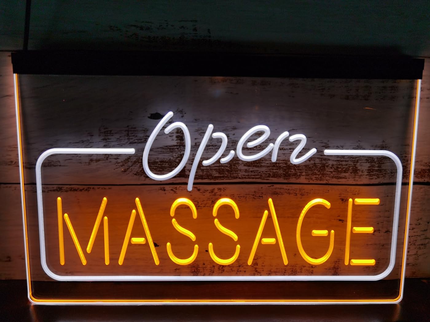 KEYQEEN Open Massage LED Neon Sign, Massage Shop Dual Color Display Wall Decoration USB Dimmable Neon Lights Luminous Sign,White Orange,30x20cm