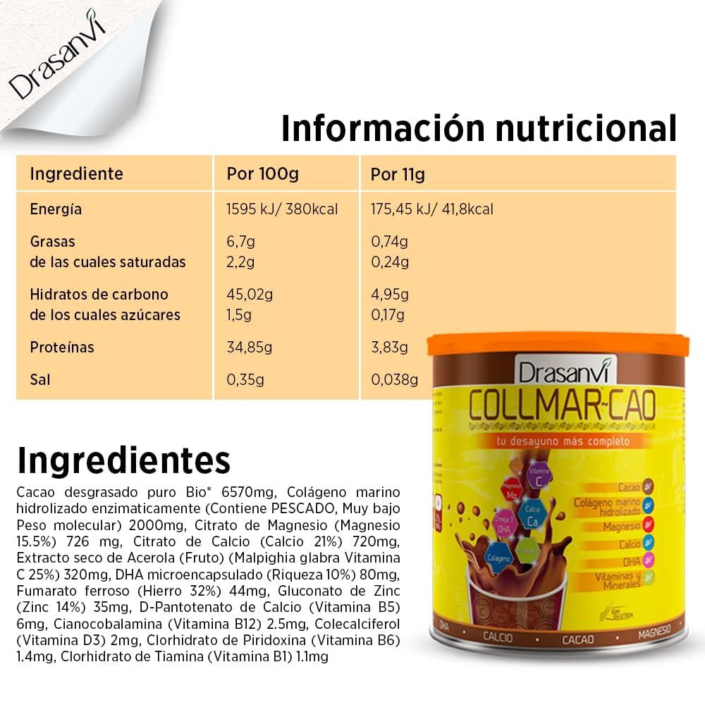 DRASANVI COLLMAR CAO | Colageno Marino Hidrolizado | Proteínas | Vitaminas + Magnesio + Calcio + Zinc | Tu desayuno más completo | 300 g