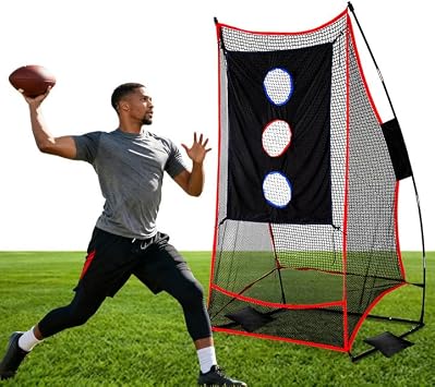 Football Throwing Net Kicking Target 3x6 Ft - Heavy Duty Quarterback Trainer Silent Velvet Target for Backyard Practice Portable Snap Drills Sandbags Included