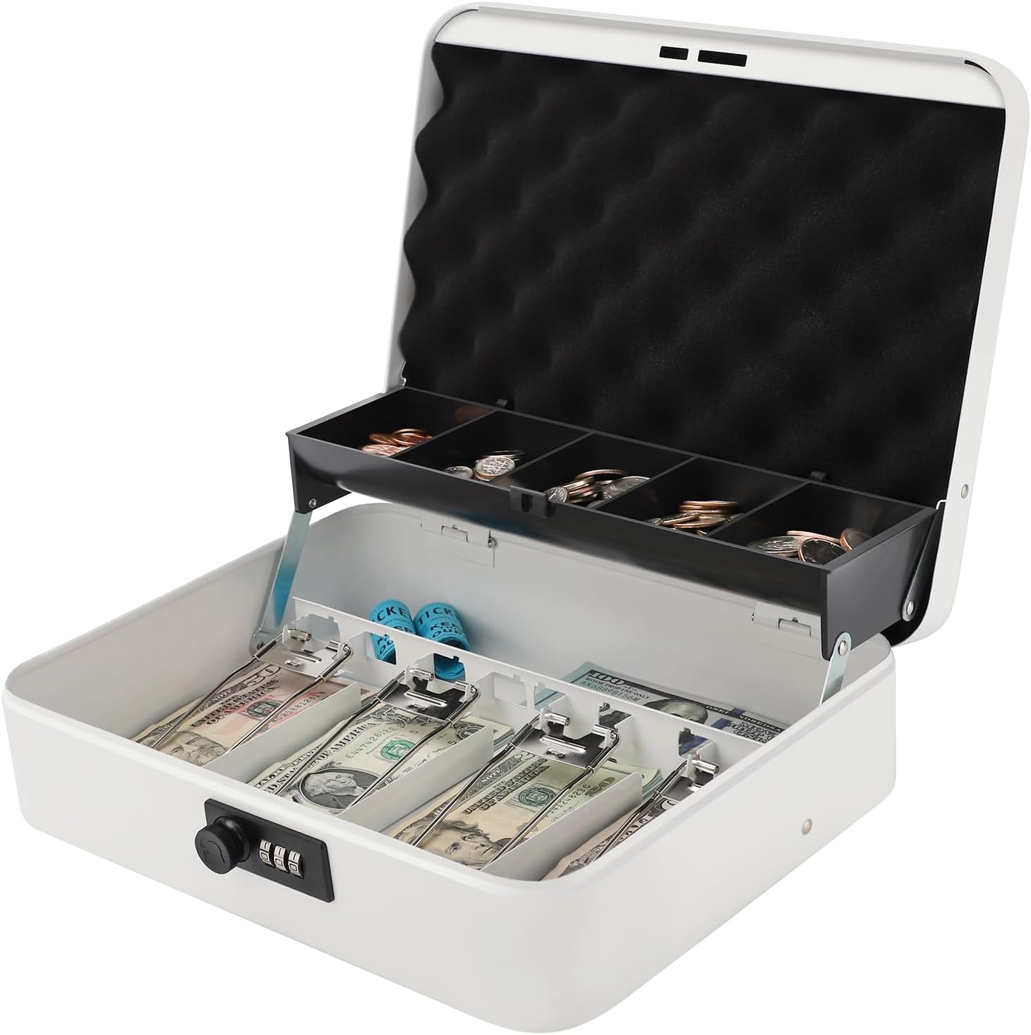 Decaller Large Cantilever Cash Box with Money Tray and Combination Lock, Metal Money Box with 5 Coin Compartments & 4 Bill Clips for Home or Business, 11.81", Black/Combo L image 4