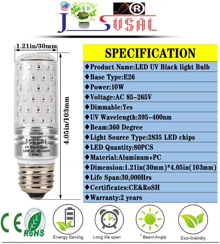 LED Black Light Bulbs,10W Blacklight 100W Equivalent, AC 85-265V E26 Medium Base,UVA Level 395-400nm,Glow in The Dark for Body Paint,Blacklights Party,Fluorescent Poster,Dimmable,1 Pack
