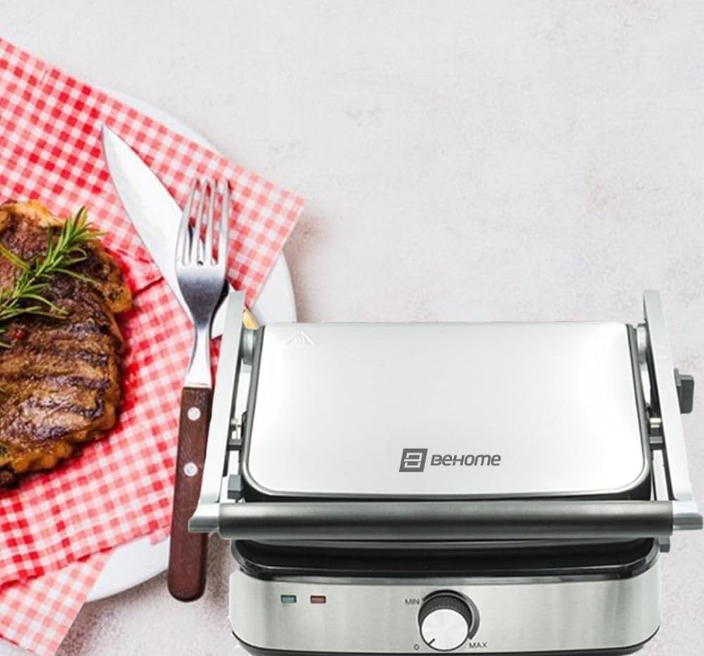 BEHOME Griglia Elettrica Antiaderente in Ghisa con Piastre Removibili 2000W | Griglia Elettrica Barbecue Temperatura Regolabile e Vaschetta Raccogli Grasso