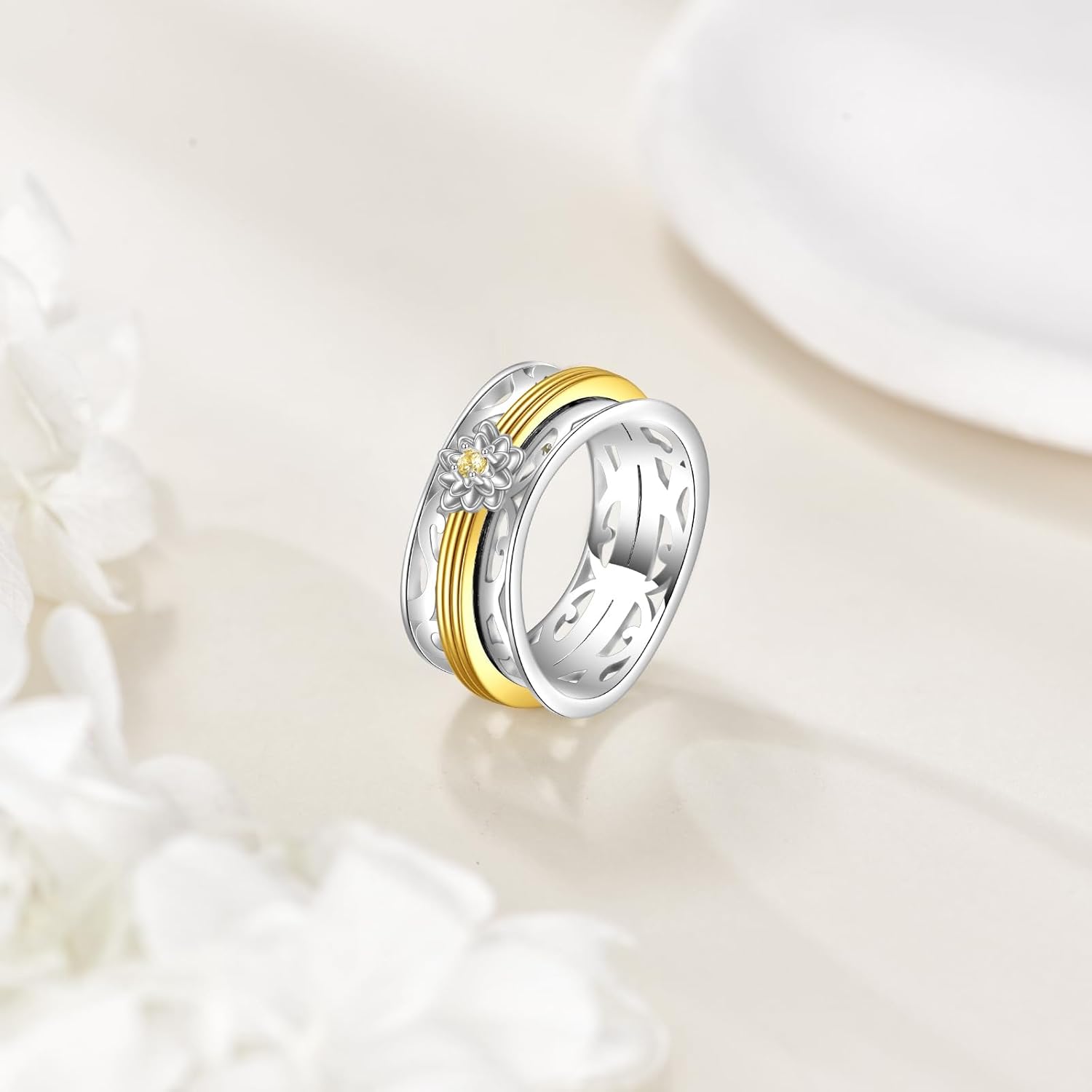TIGER RIDER Lotus Ring for Women Fidget Rings for Anxiety 925 Sterling Silver Spinner Rings Jewelry Birthday Gifts 8#