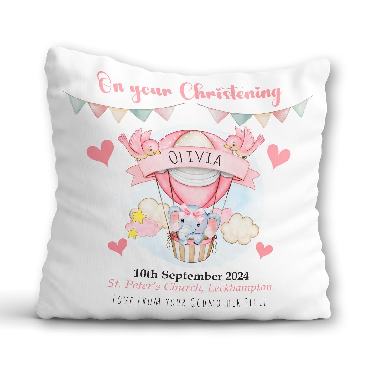 Baby Girl Christening Cushion - Personalised Christening Pillow - Christening Gift for Daughter Granddaughter Niece Goddaughter - Cute Elephant Baby Decor - Baptism Keepsake from Godparents