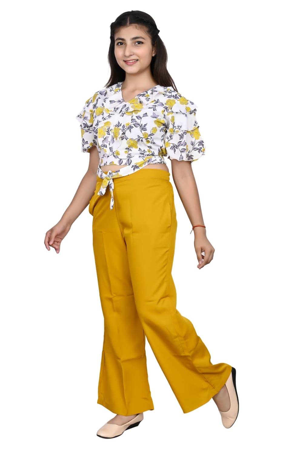 FELLAMO Girls Printed styish top plazzo set-108 White Yellow 13-14y 2