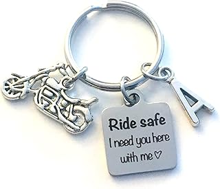 Ride safe I need you here with me Keychain, Motorcycle Gift for Boyfriend, Husband, Wife, Dad or Mom Key Chain, Birthday Present for Him, Biker Gift from Boy Friend, Girlfriend, BFF, Him, Her, Daddy Keyring - Initial Birthstone - New Motorcycle Driver Keyring, Father's Day Present, Hog Canadian Seller, Made in Canada