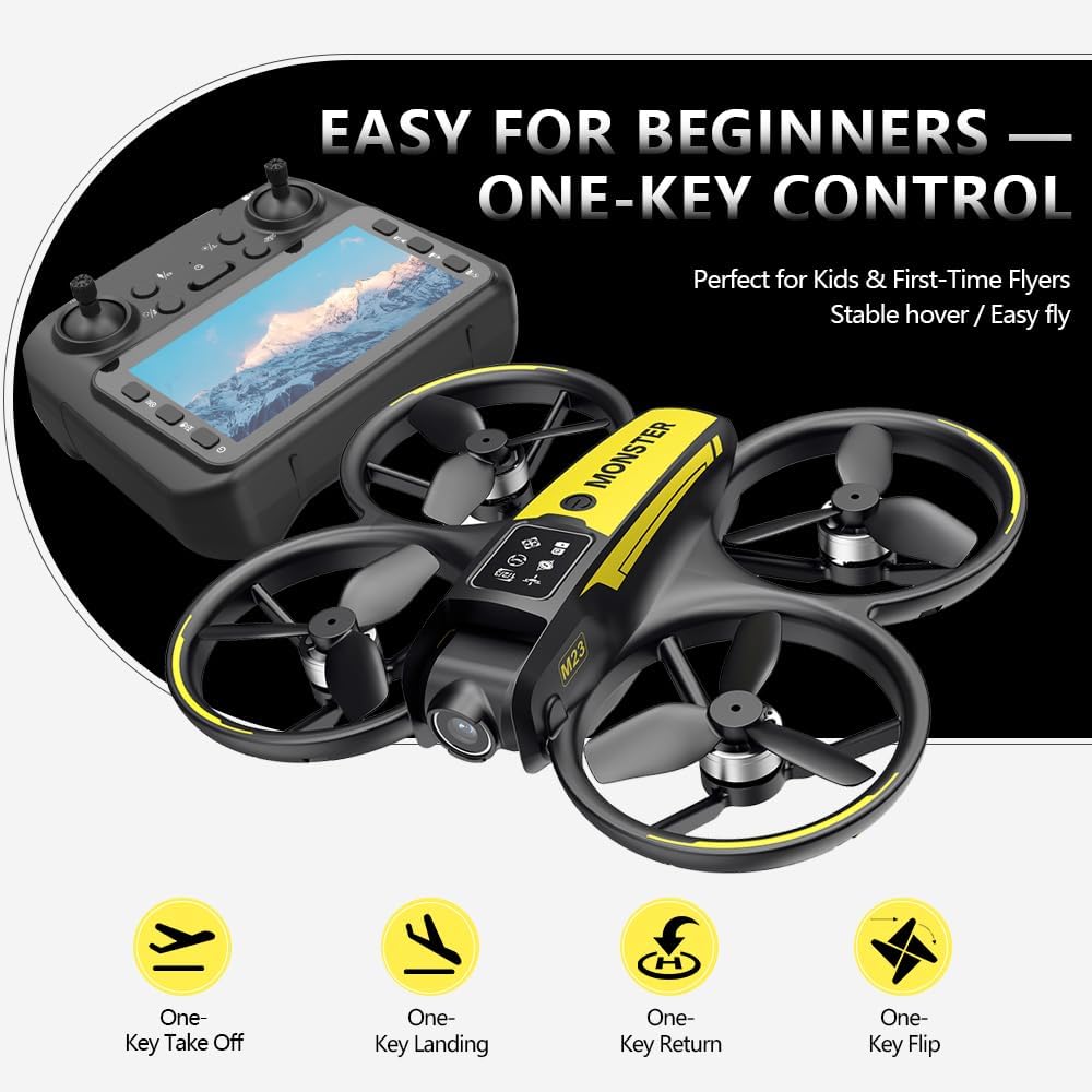 Drone with camera for kids and Remote – Beginner RC Drone for Kids with Brushless Motor, Optical Flow Hover, One-Key Takeoff, FPV Video(Yellow-Batteries*2)