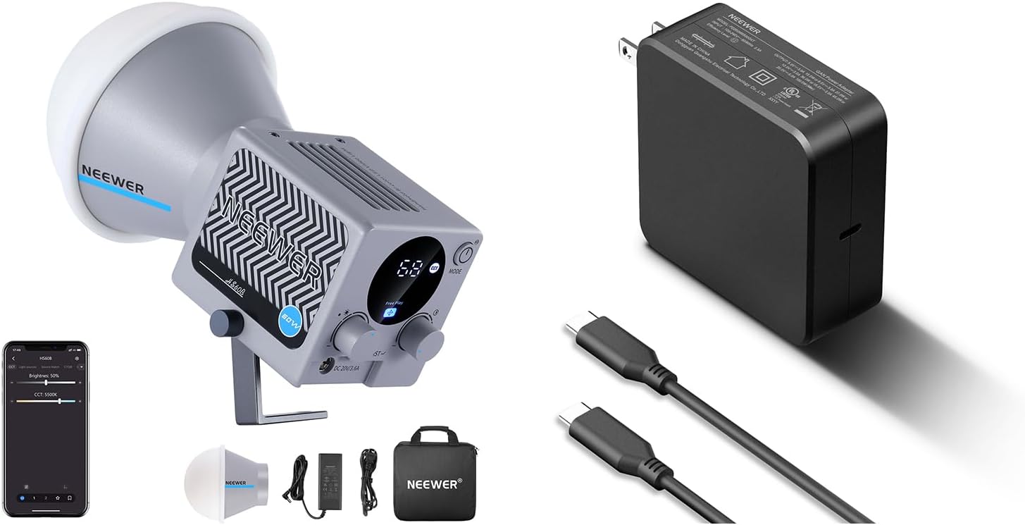 NEEWER HS60B Mini Video Light with App Control, 60W Handheld Portable Bi Color COB LED Continuous Output Lighting, PD 100W USB C Charger with 100W USB C Fast Charging Cable Included