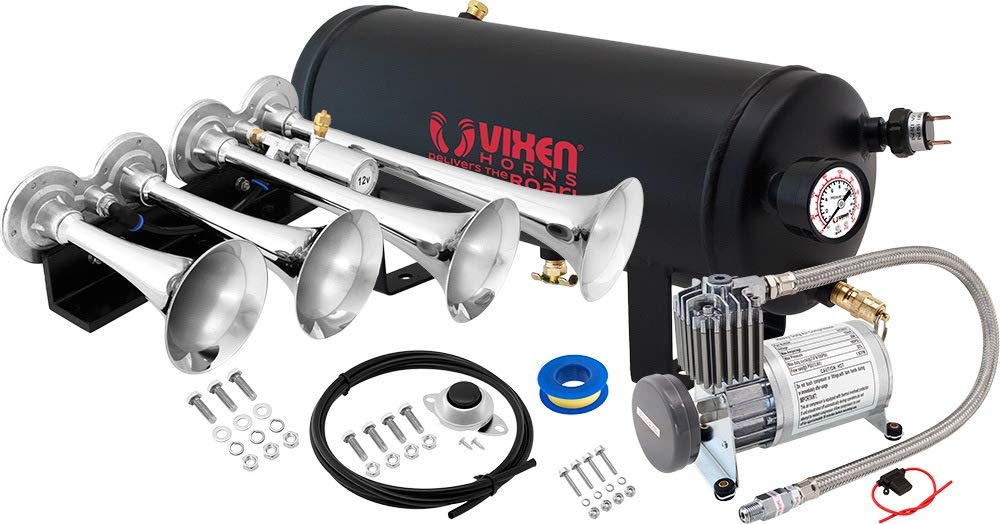Vixen Horns Train Horn Kit for Trucks/Car/Semi. Complete Onboard System- 150psi Air Compressor, 1.5 Gallon Tank, 4 Trumpets. Super Loud dB. Fits Vehicles like Pickup/Jeep/RV/SUV 12v VXO8815/4124C