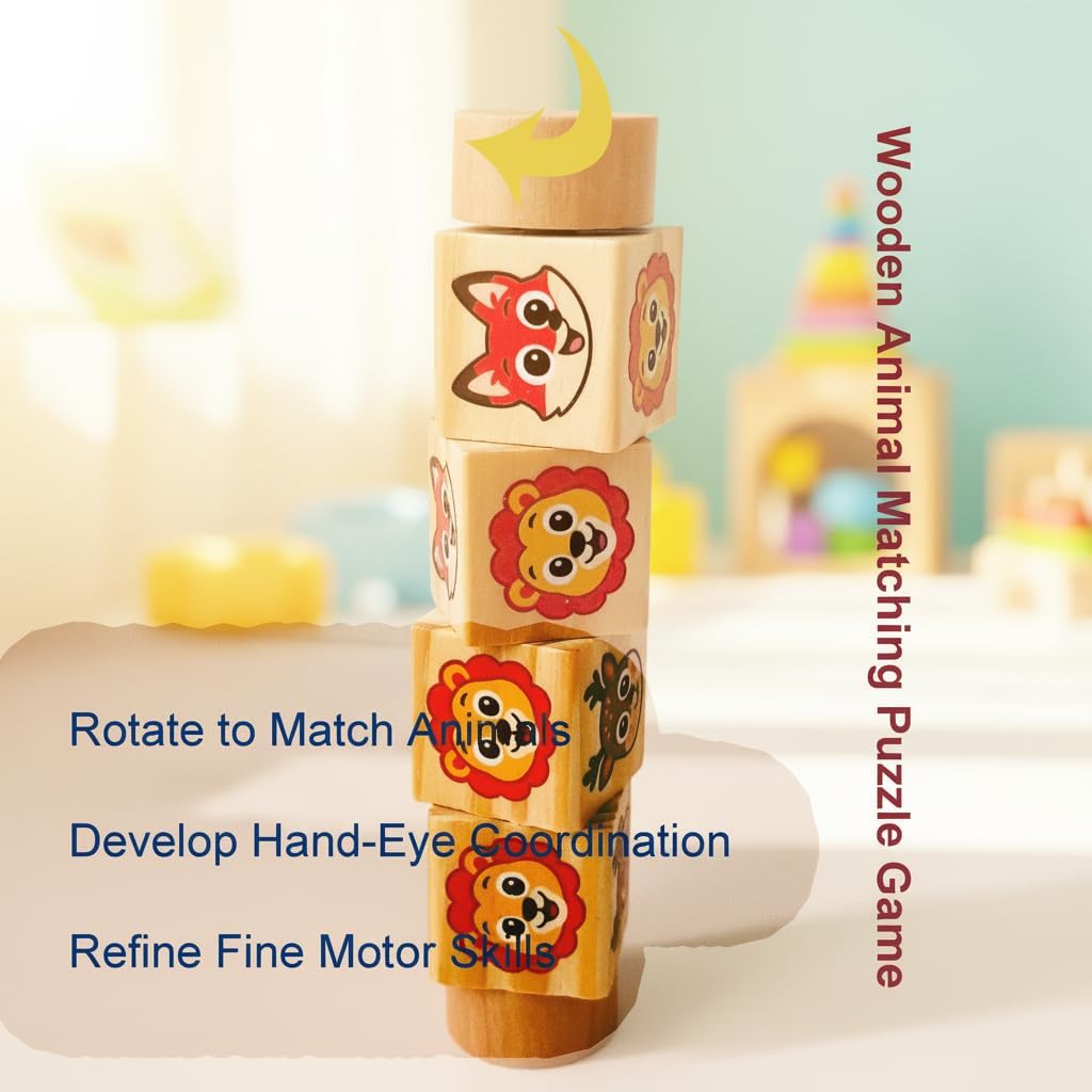 Wooden Animal Rotating Blocks Puzzle Montessori Toddler Matching Game Fine Motor Skills Sensory Toy for Kids 1-3 Years Old