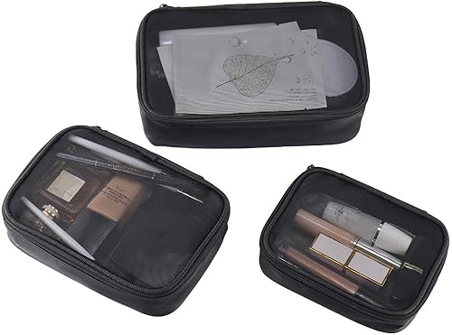 Miniatura 8 de Bolsa de maquillaje, bolsa de aseo ligera para viajes, bolsa de maquillaje compacta con cremallera, color negro, Malla Negra