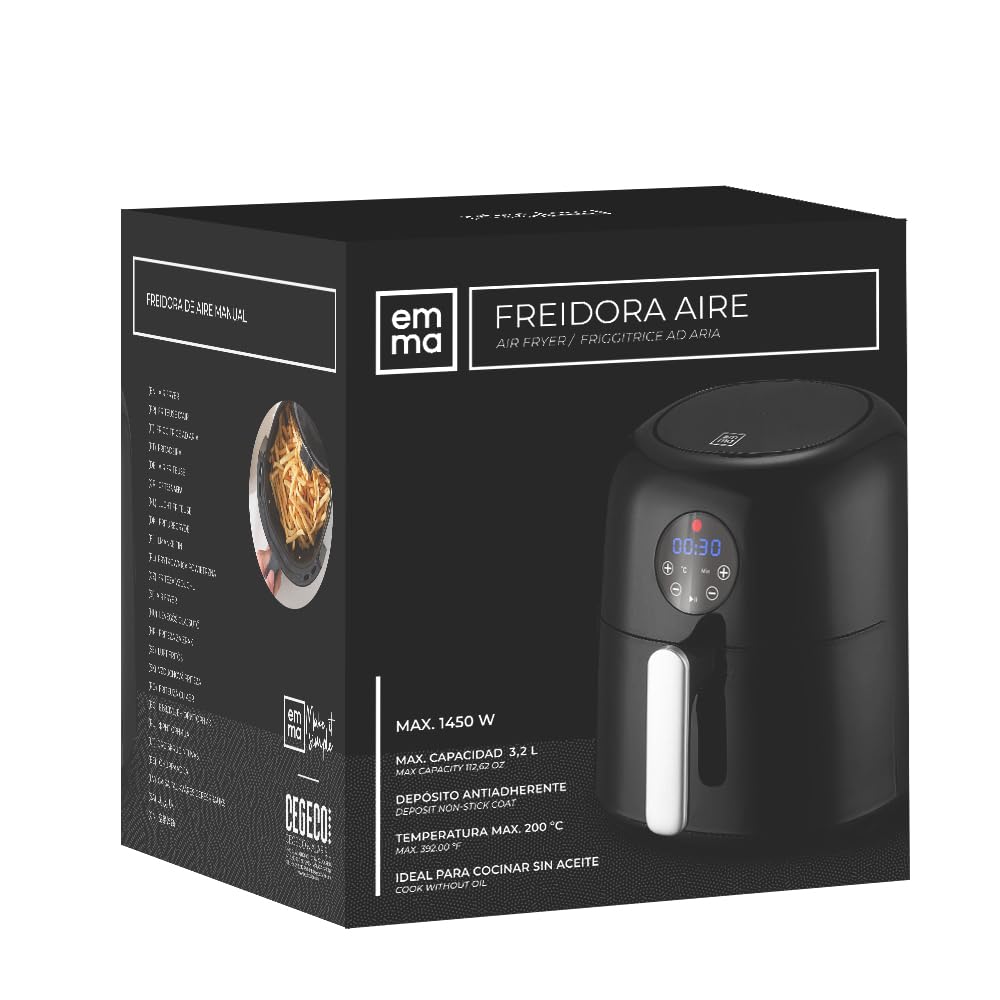 EMMA, Freidora de Aire, 3.2 L, Antiadherente, 1450W, 29x28,5x34 cm, Negro, Cocina Saludable sin Aceite, Cesta Antiadherente, Temperatura Ajustable, Ideal para Hogar y Familia