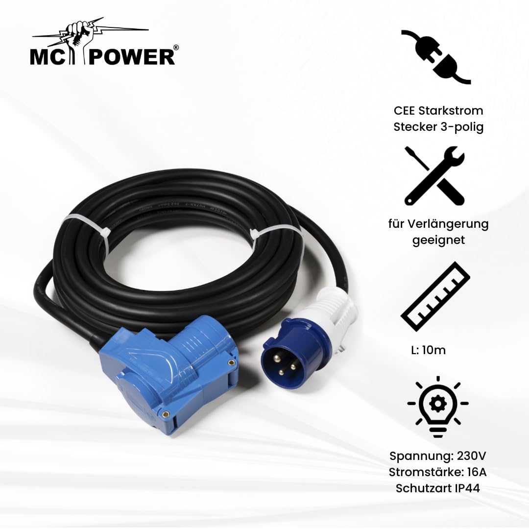 MC POWER - Przedłużacz CEE | 10 m H07RNG 3G2,5, 230 V, IP44 przedłużacz prądu do przyczep kempingowych