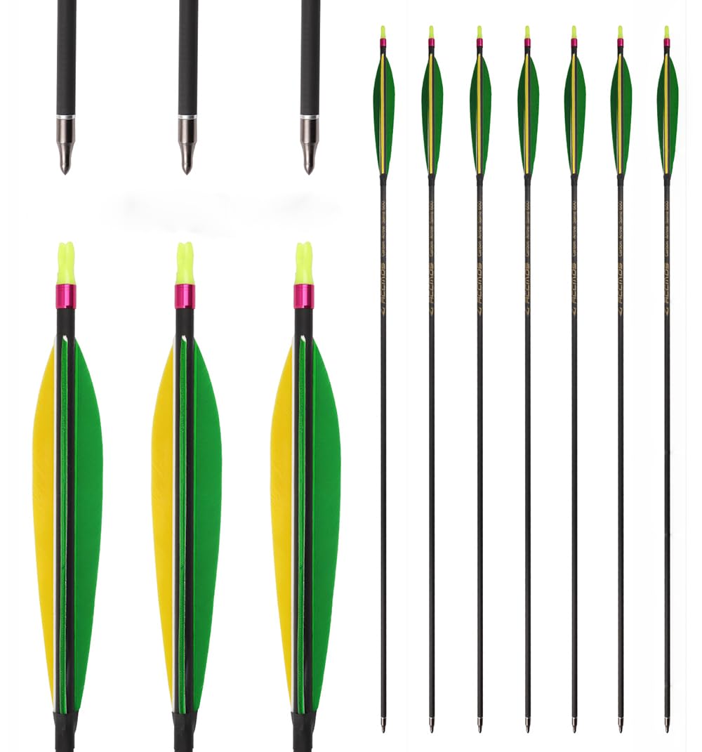 PHILOCS 12 pcs ID 6.2 mm Gold Label Hunting Arrows, Spine 300 350 400 500 600 700 Archery Arrow, 6 inch Green Yellow Shuttle Shape Turkey Feathers (29inch,Spine 700)