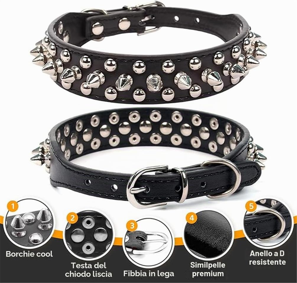 Collare per cani con borchie in pelle PU morbida, con rivetti, borchie per gatti, fibbia in metallo, regolabile per razze piccole, medie e grandi di animali domestici come Chihuahua, Carlino, Pit Bull