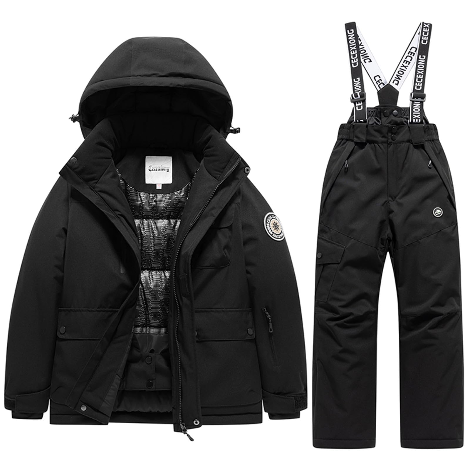 SYDUZAX Kinder Skianzug 2-teiliges Set Skijacke und Skihose Kapuze Warm Winddicht Wasserdicht Snowboarden Jungen Mädchen 3-14 Jahre