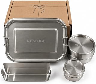 RESORA 27oz Basic Stainless Steel Bento Lunch Box for Adults | 1 Divider & 2 Round Containers