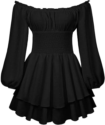 Womens Fairy Pirate Corset Romper Dress Long Puff Sleeve Off The Shoulder Neck Flowy Ruffle Jumpsuit