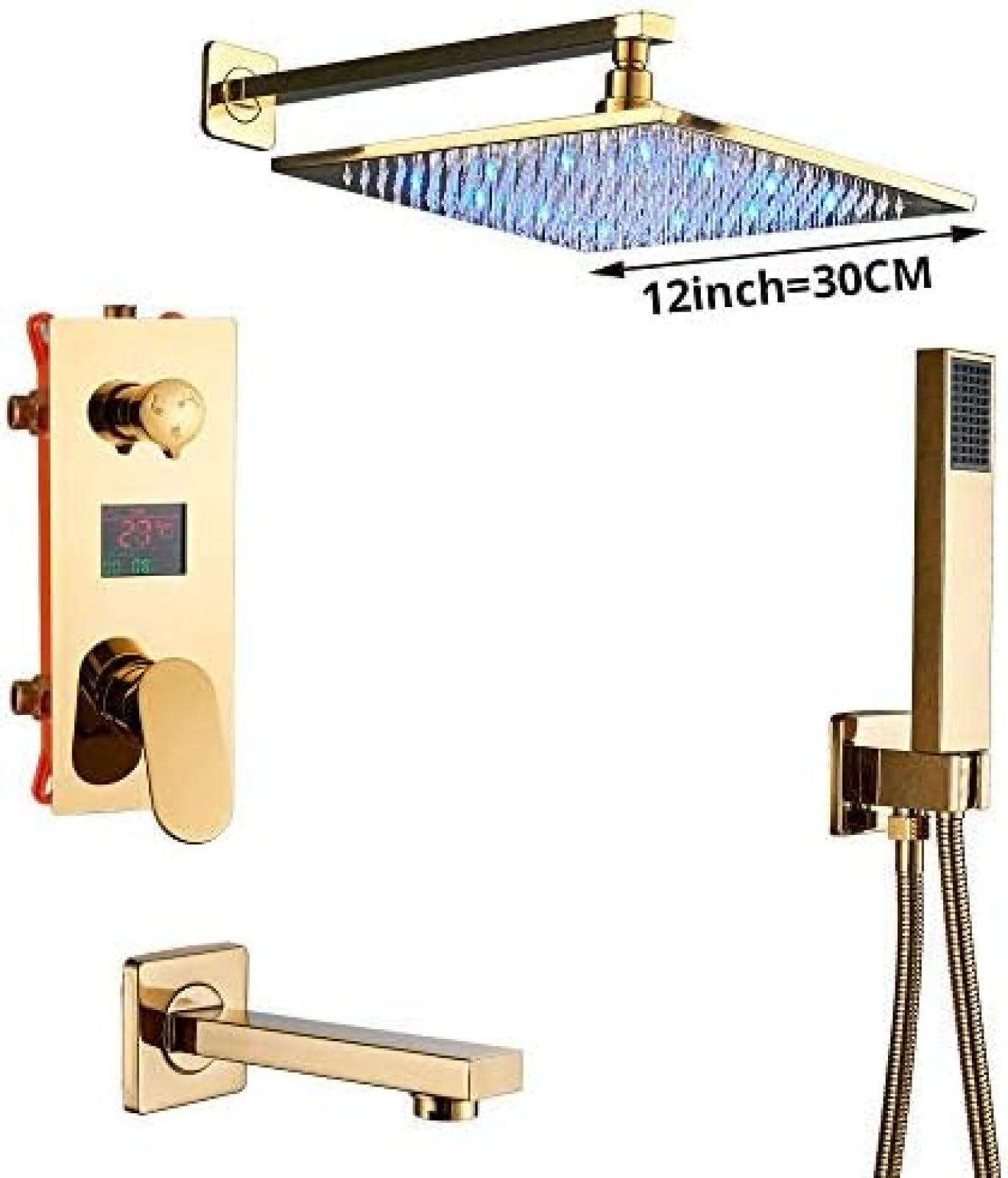 Juego de grifos de ducha digitales dorados, cabezal de ducha LED dorado, pantalla digital de temperatura de 3 vías, grifo mezclador de tina, boquilla de ducha de 16 pulgadas, 12 pulgadas