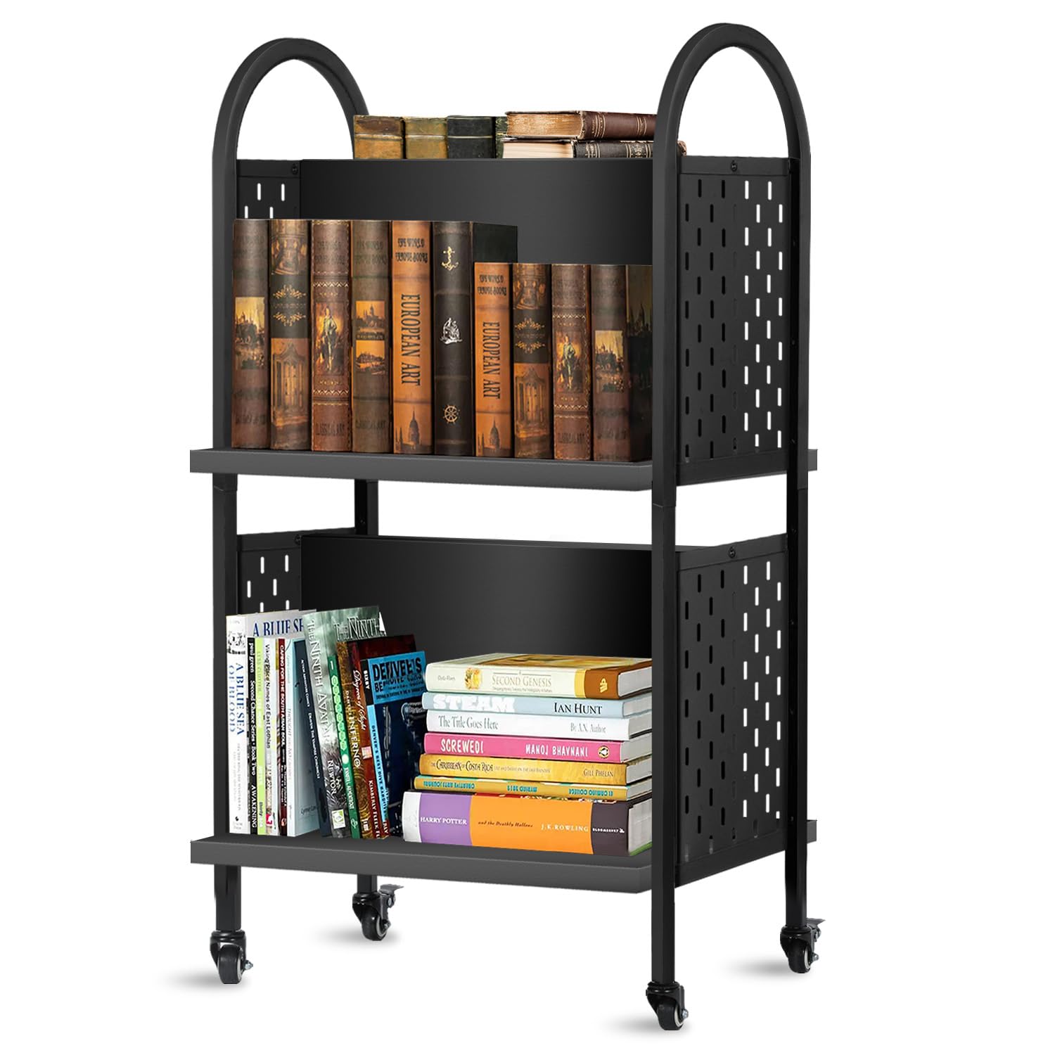 Rolling Library Book Cart - Moveable Book Organization Solution with Lockable Wheels, 34" Tall and Double-Sided for More Storage Space - 100 LBS Capacity, Compact & Lightweight - Rust-Proof & Durable