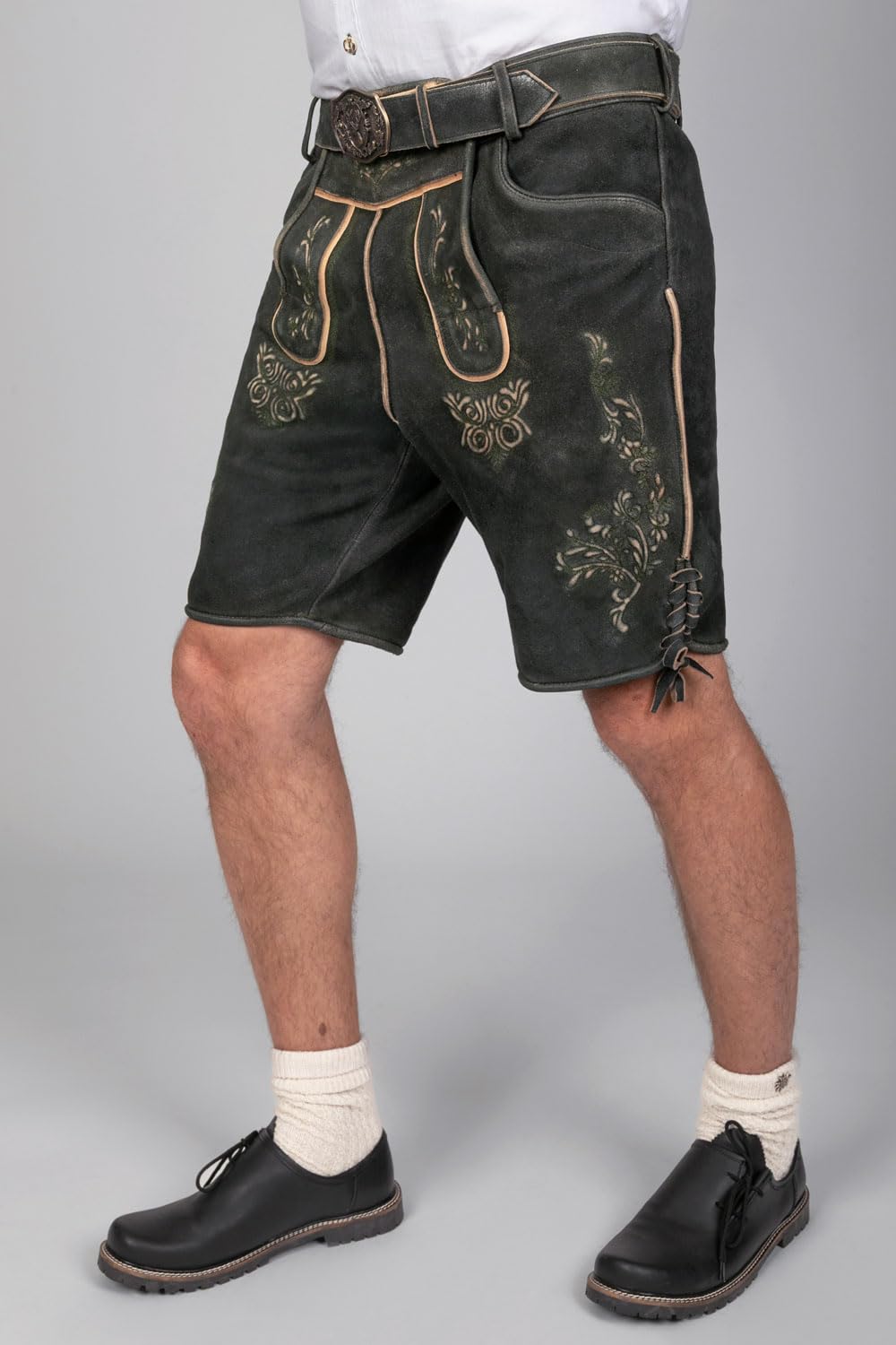 Edelnice Trachtenmode Kurze Wildbock Lederhose Friedl dunkel mit gruener Stickerei